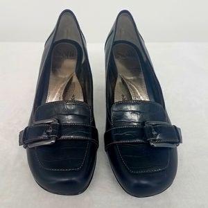 Sofft Black Leather Buckle Block Heel Pump Size 9.5